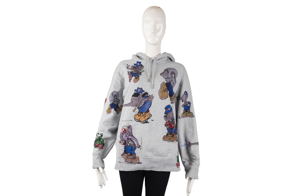 Supreme Gray Multicolor Elephant Print Hoodie Cotton Fleece Size S
